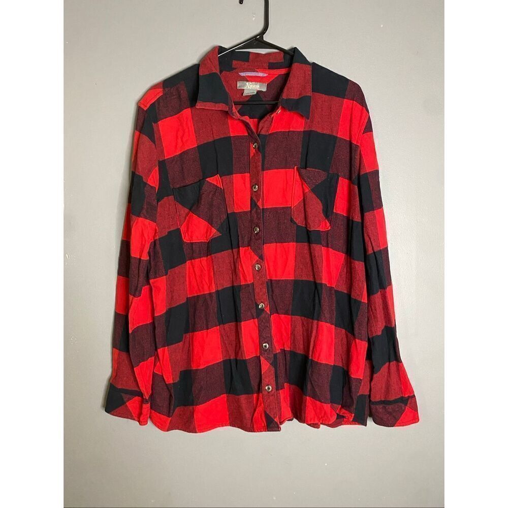Natural Reflections Black Red Plaid Flannel Button Up Top Size 1X
